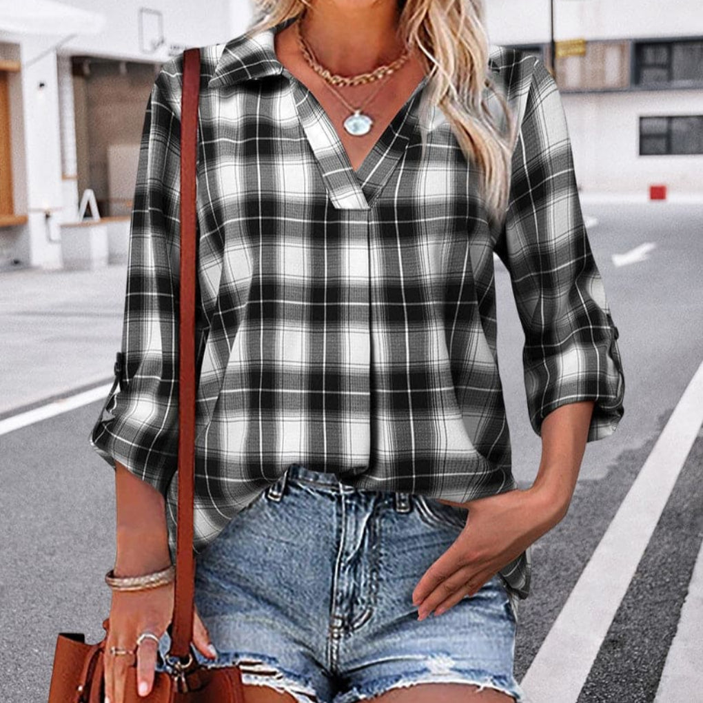 Classic Plaid V Neck Women's Shirt - Vossary