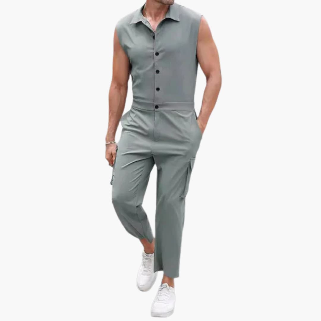 Men's Summer Cargo Jumpsuit with Button Front