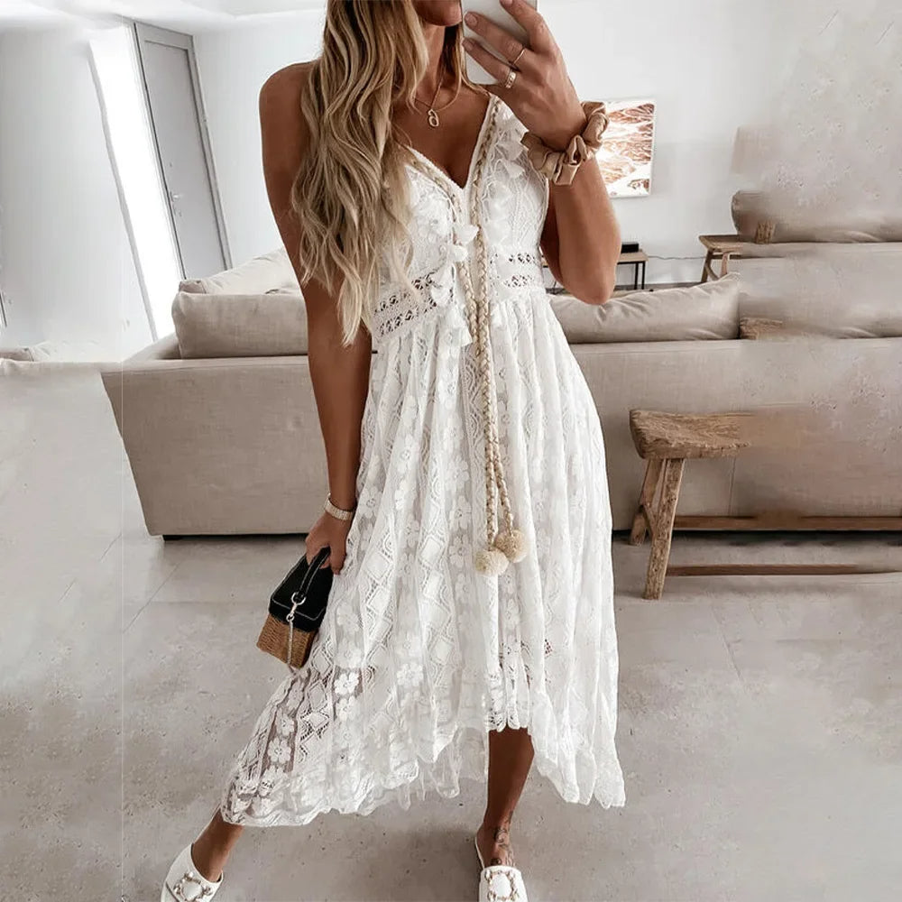Chic Floral Lace Trim Dress with Tassels