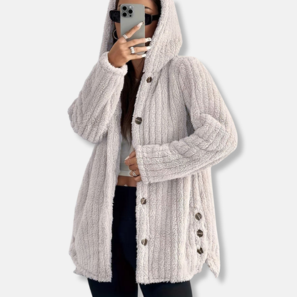Ladies Long Hooded Coat Soft Button Front