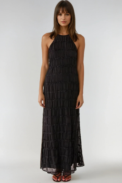 Flowy Strapless Maxi Dress in Beige with Ruffled Details