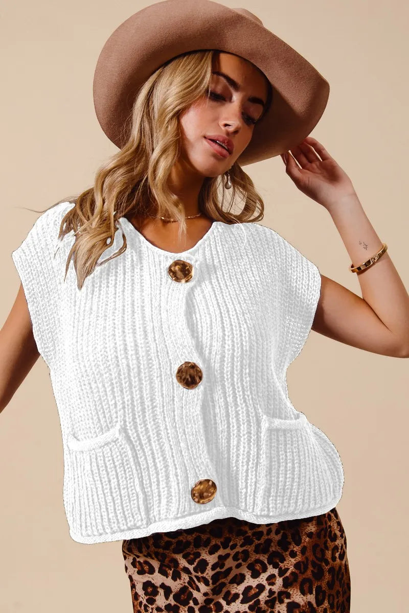 Large Silver Button Front Sweat Vest - EasyApparels