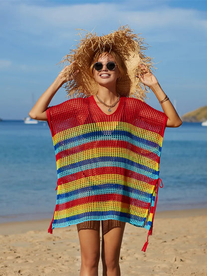 Boho Chic Striped Beach Cover-Up with Fringe