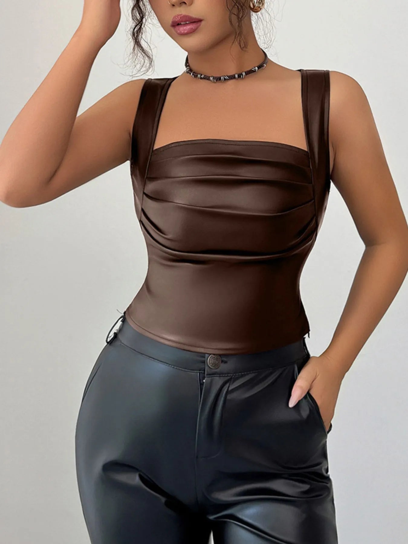 Faux Leather Ruffled Top - EasyApparels