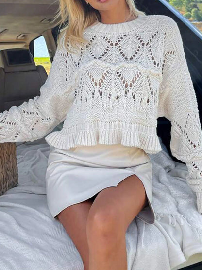 Soft Floral Long Sleeve Ruffled Sweater - EasyApparels