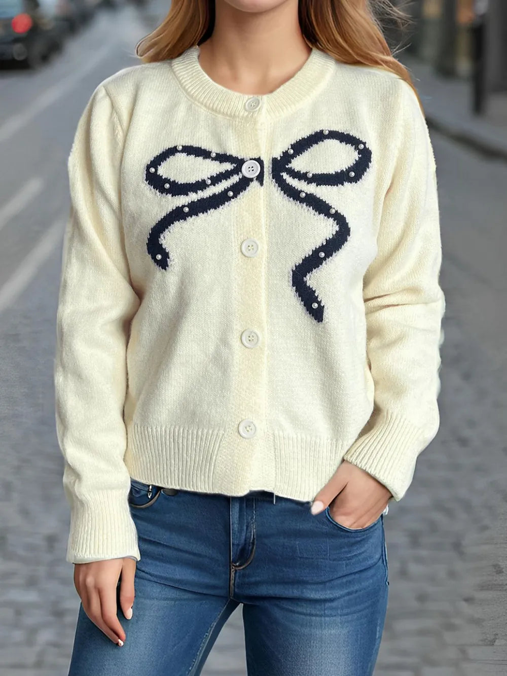 Casual Open Front Round Neck Sweater - EasyApparels