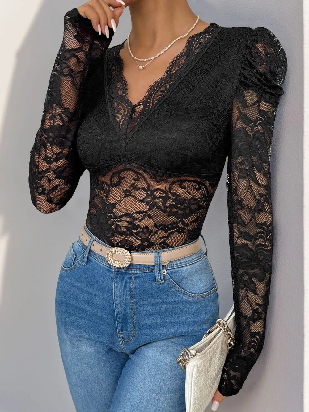 Sexy Lace Deep V Bodysuit Top - EasyApparels