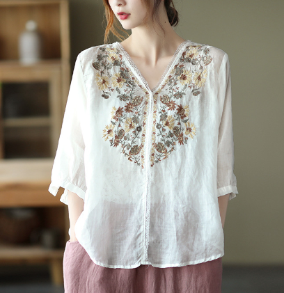 Comfortable V-Neck Women's Blouse with Embroidery - EasyApparels