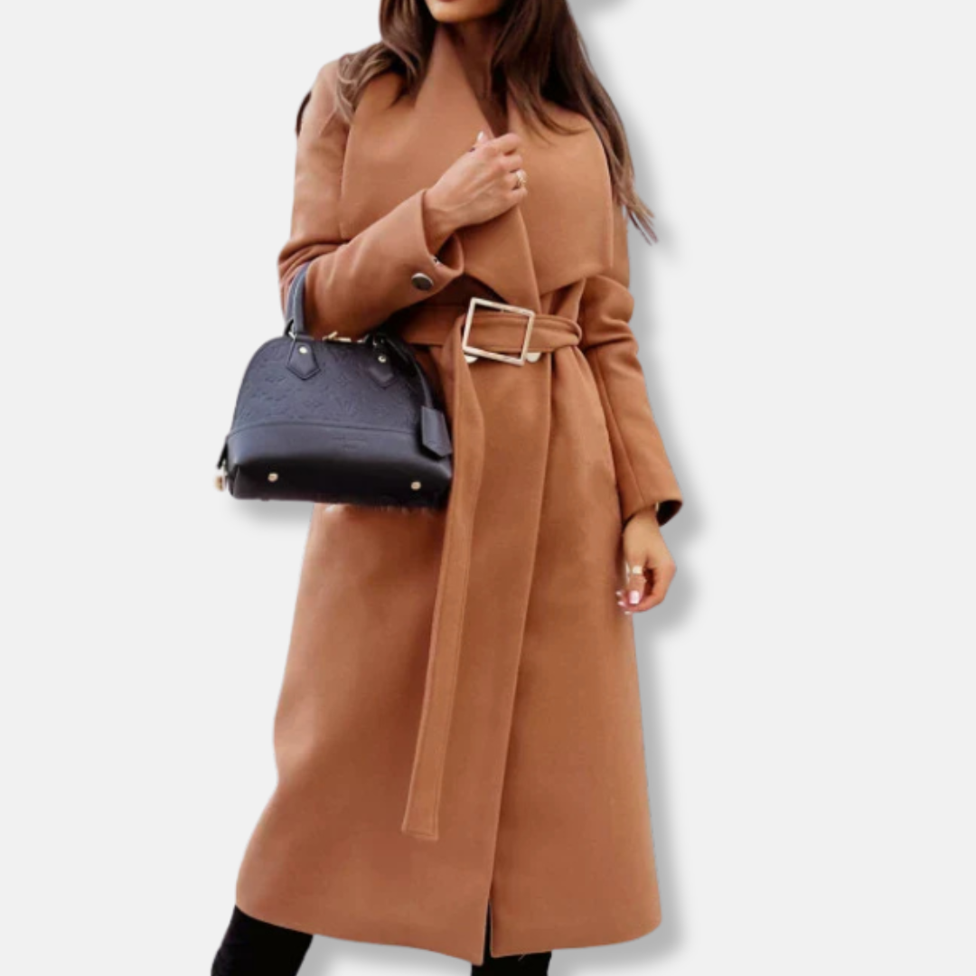 Women's Oversized Coat with Belted Waist and Lapels