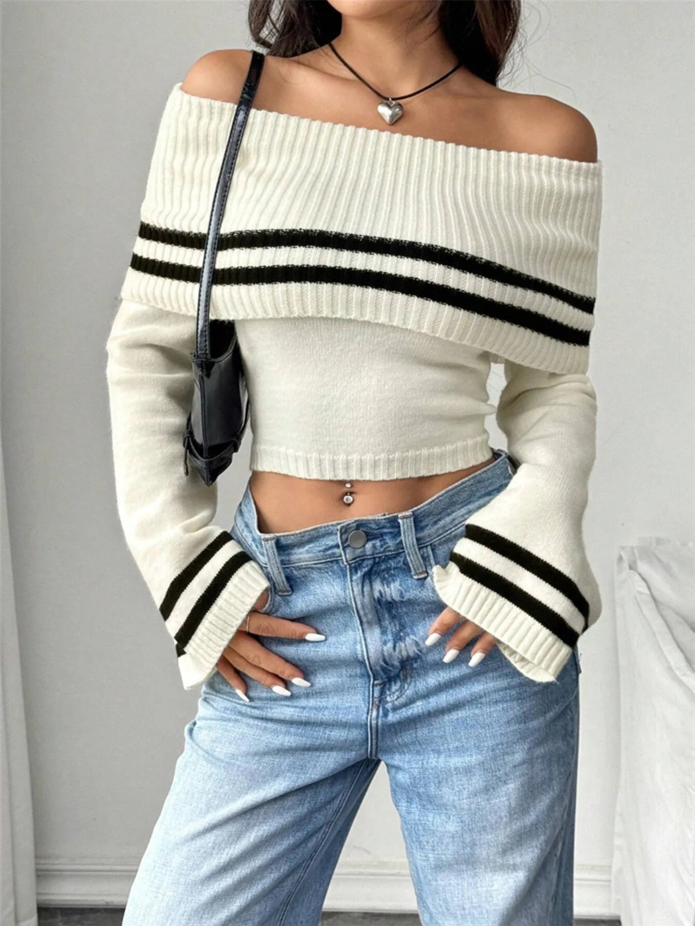 Casual Striped Cold Shoulder Sweater Top - EasyApparels