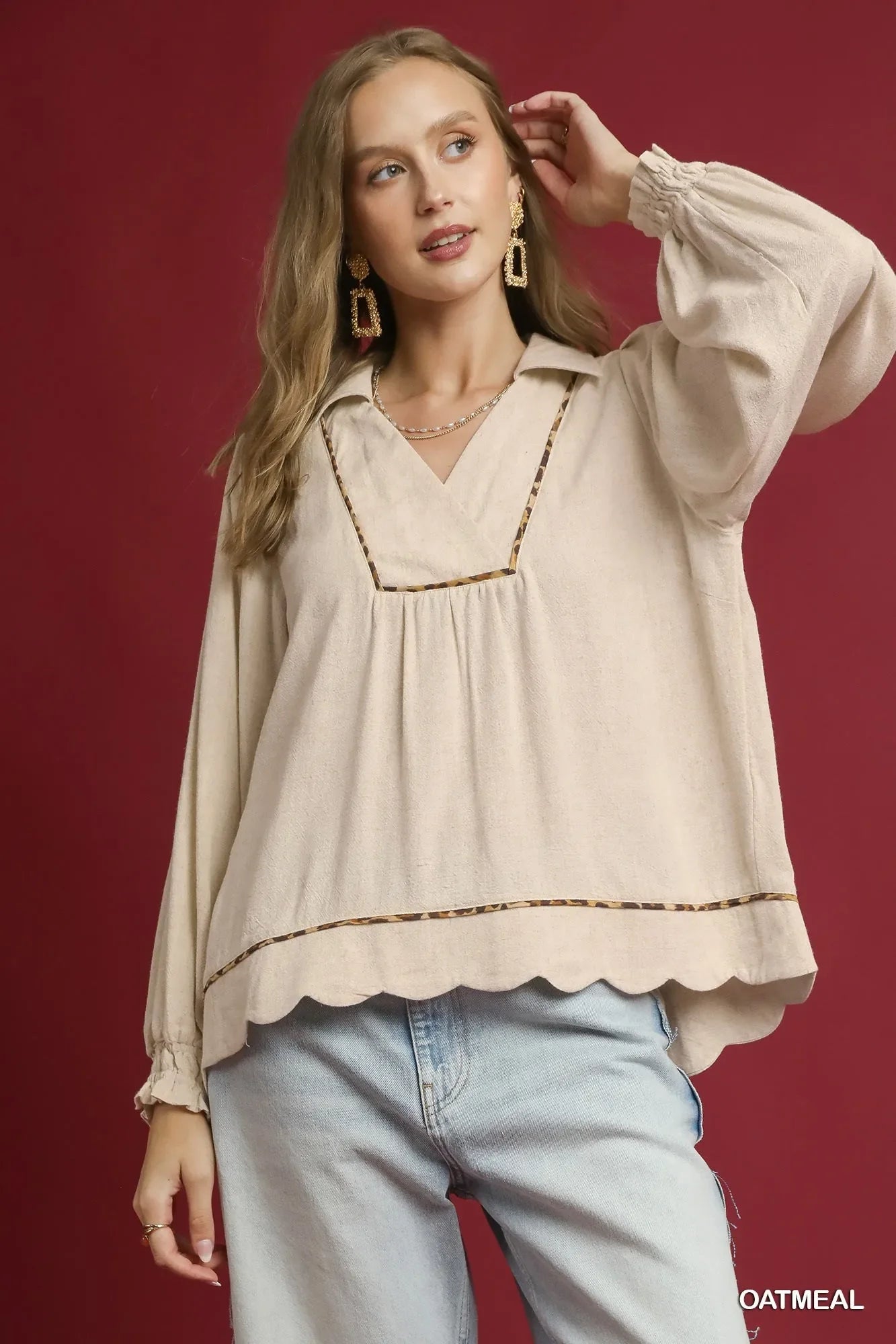 Linen Ruffle Hem Women's Plus Size Blouse with Trim - EasyApparels