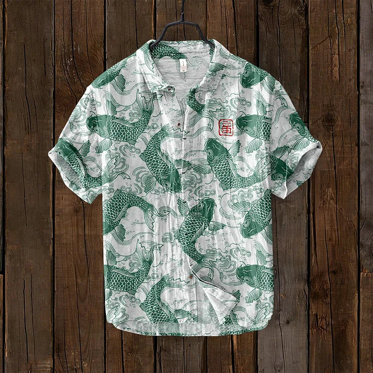 Casual Linen Shirt with Fish Pattern