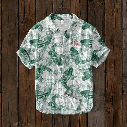 Casual Linen Shirt with Fish Pattern
