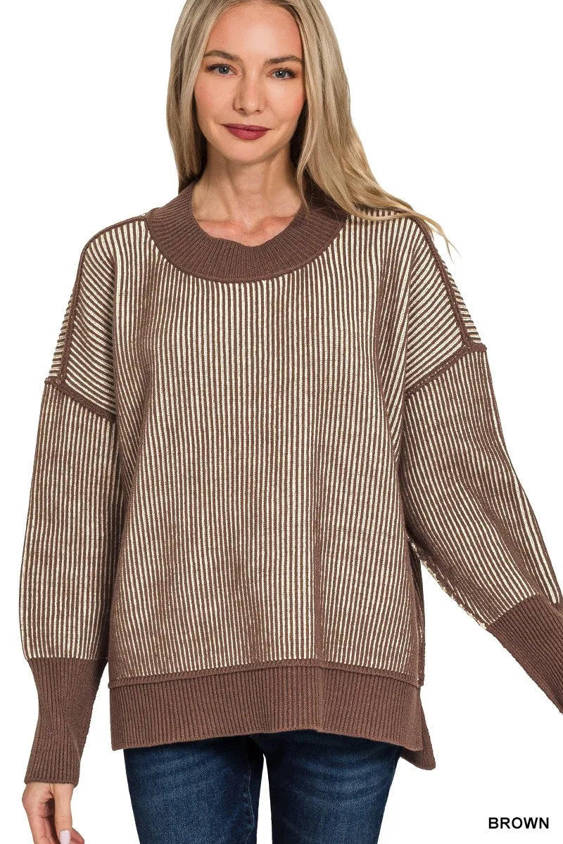 Casual Contrast Ribbed Crew Neck Sweater - EasyApparels