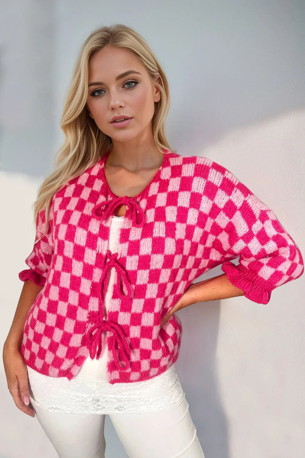 Casual Drop Shoulder Plaid Fluffy Cardigan Sweater - EasyApparels