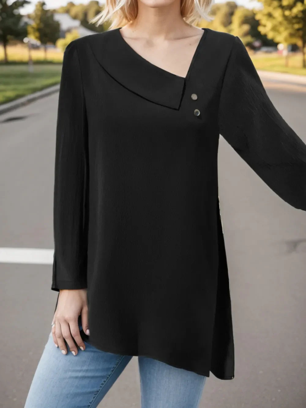 Unique Off Center Neck Top Blouse - EasyApparels