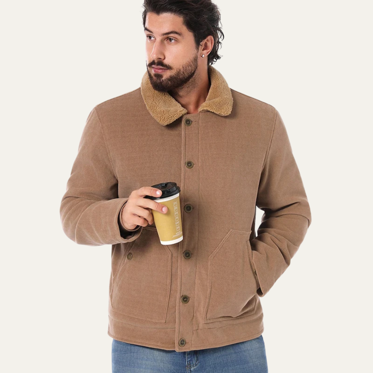 Warm Mens Corduroy Fleece Lined Button Jacket