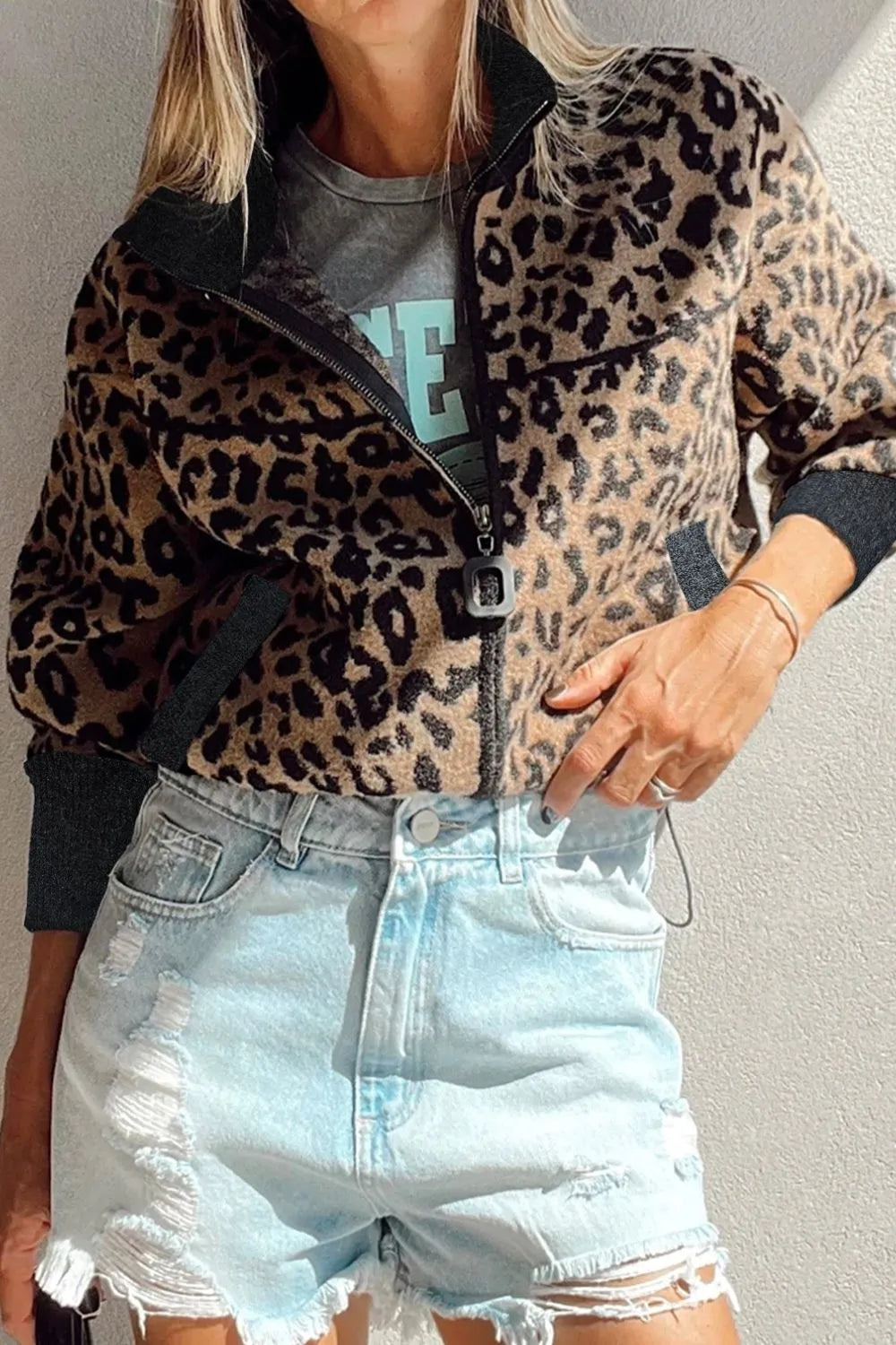 Fashionable Animal Pattern Full Zip Jacket for Ladies - EasyApparels