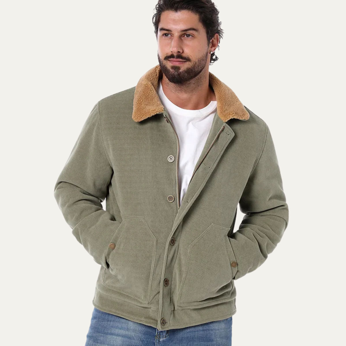 Warm Mens Corduroy Fleece Lined Button Jacket