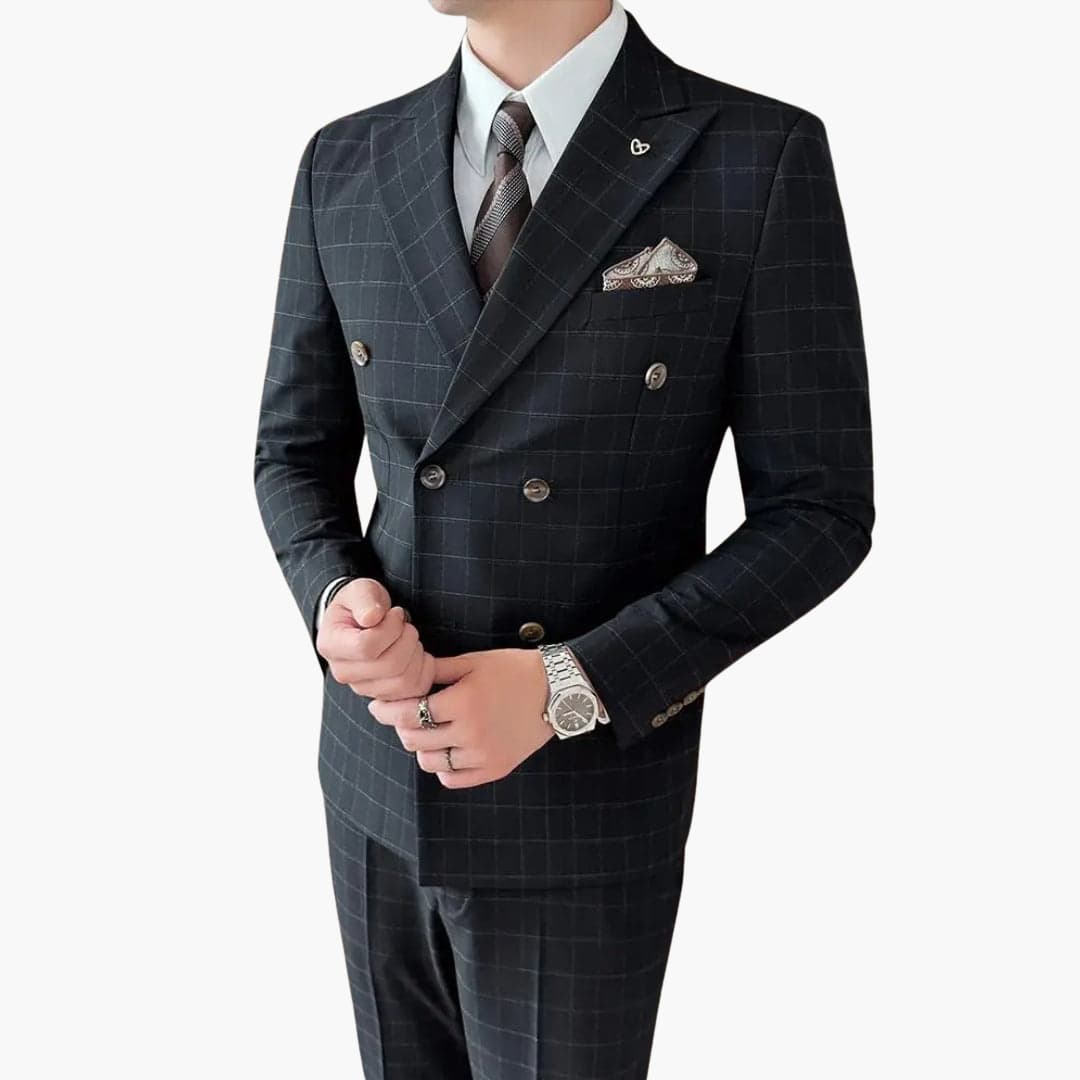 Classic Fit Checked Suit with Notch Collar
