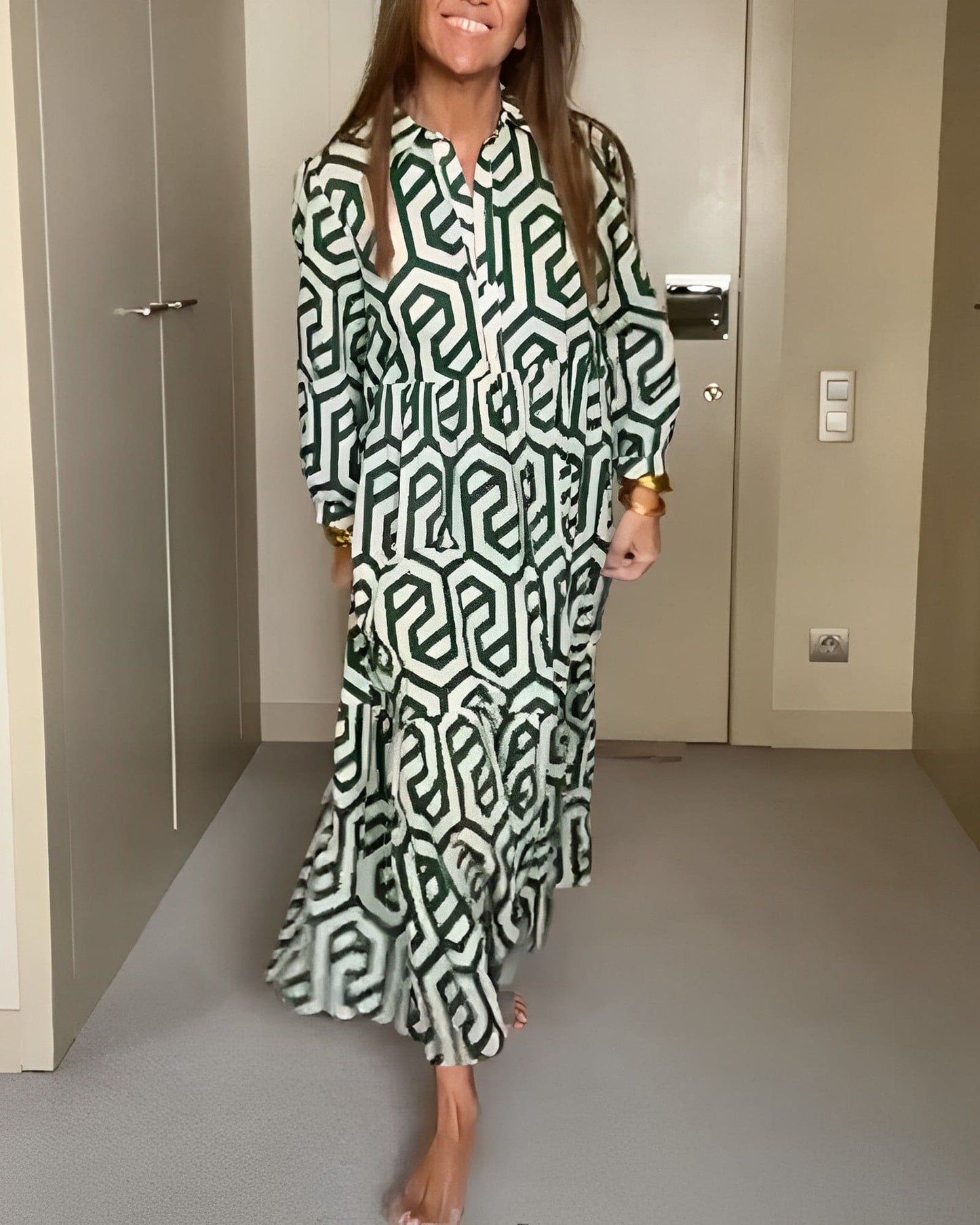 Relaxed Fit Long Sleeve Maxi Dress with Buttons - EasyApparels