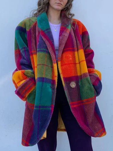 Ladies Large Checked Wool Coat with Button Front - Vossary