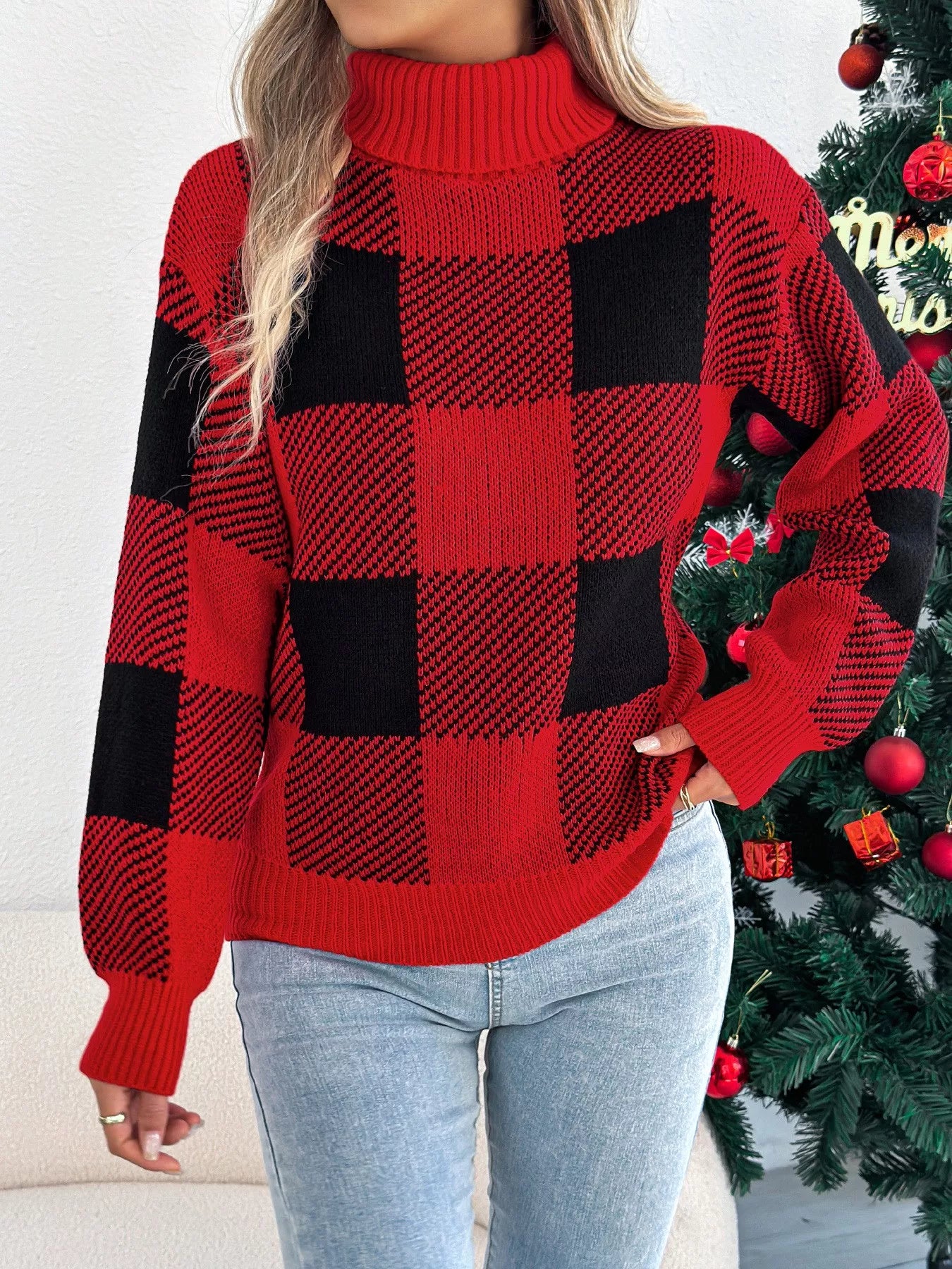 Festive Red Plaid Crew Neck Winter Sweater