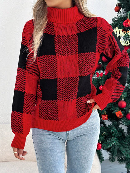 Festive Red Plaid Crew Neck Winter Sweater