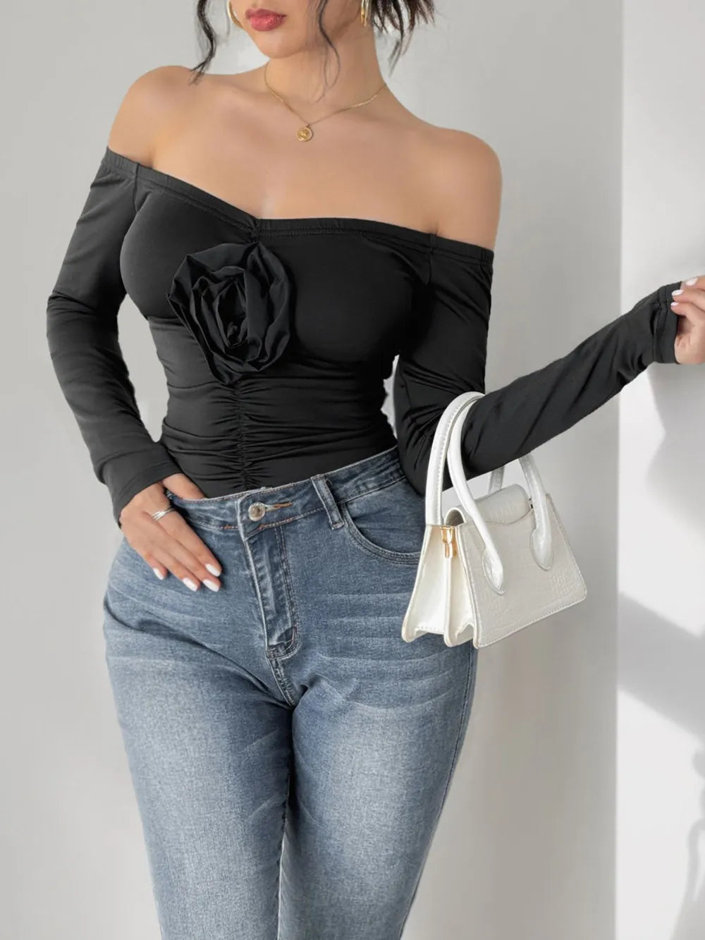 Pretty Ruffled Floral Cold Shoulder Bodysuit - EasyApparels