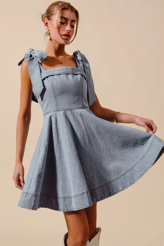 Slim Fit Flared Hem Denim Dress with Bow Detail - EasyApparels