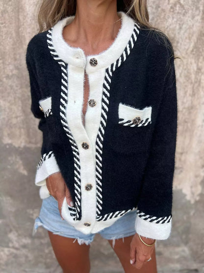 Colorblock Button Front Sweater Cardigan - EasyApparels
