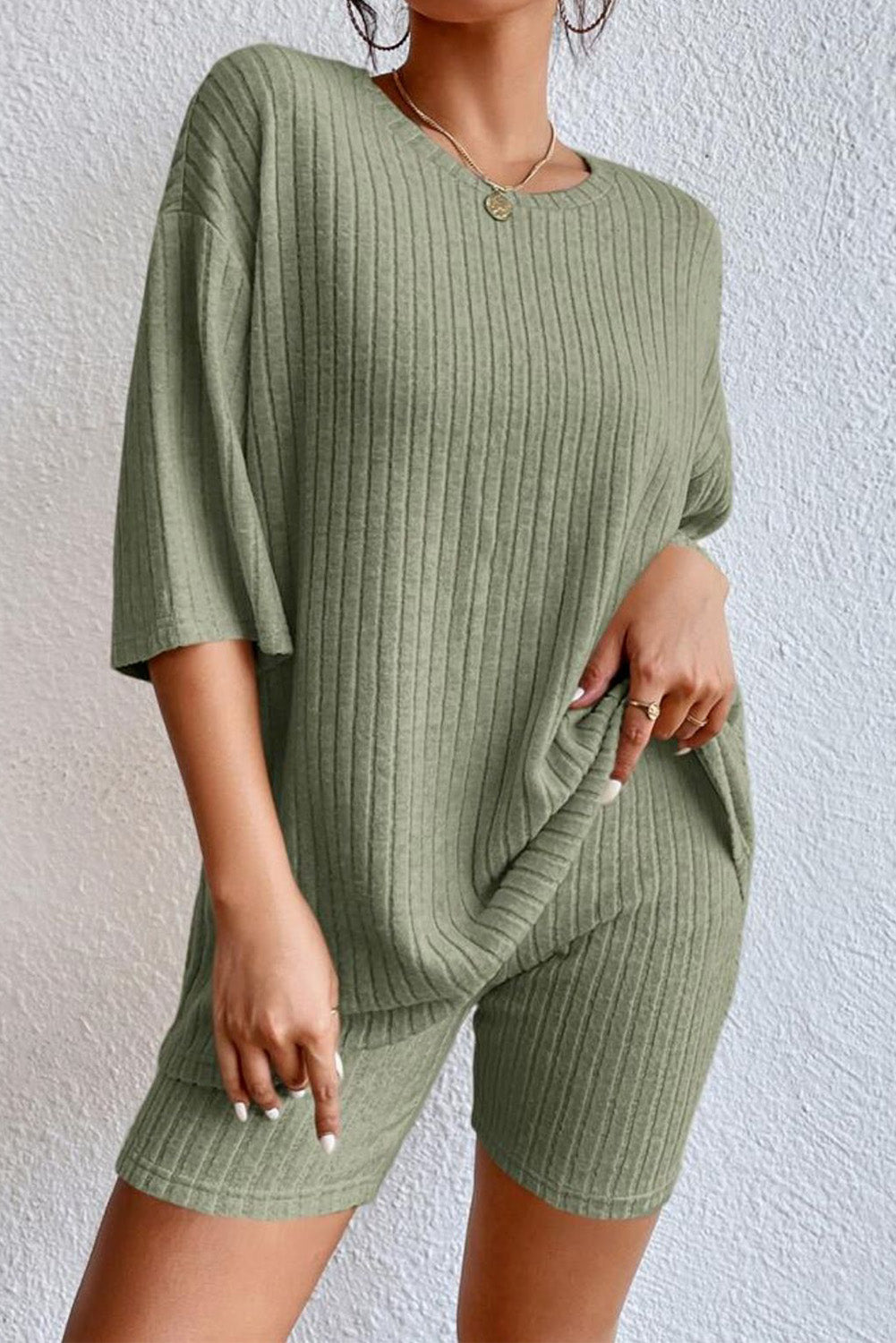 Comfortable Crew Neck Ribbed Loungewear Set - EasyApparels