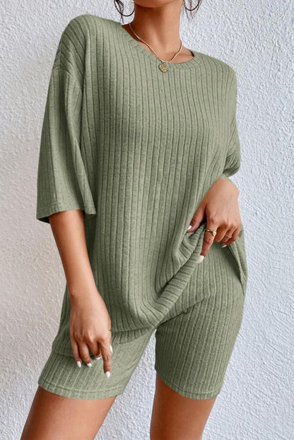 Comfortable Crew Neck Ribbed Loungewear Set - EasyApparels