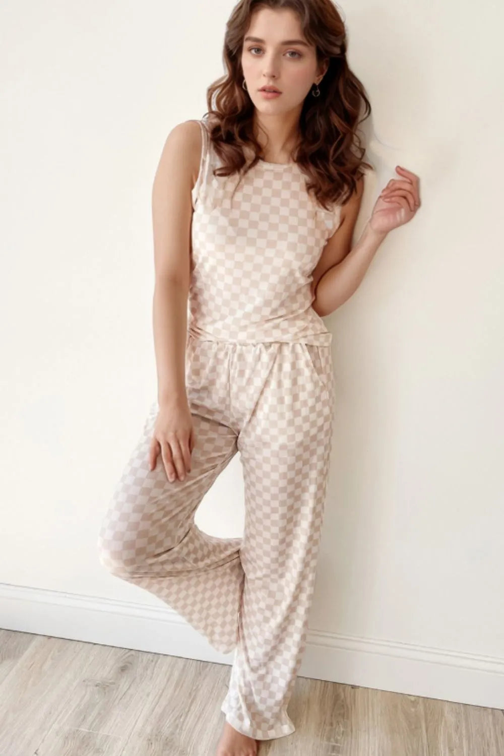 Textured Grid Pattern Tank and Pant Set - EasyApparels