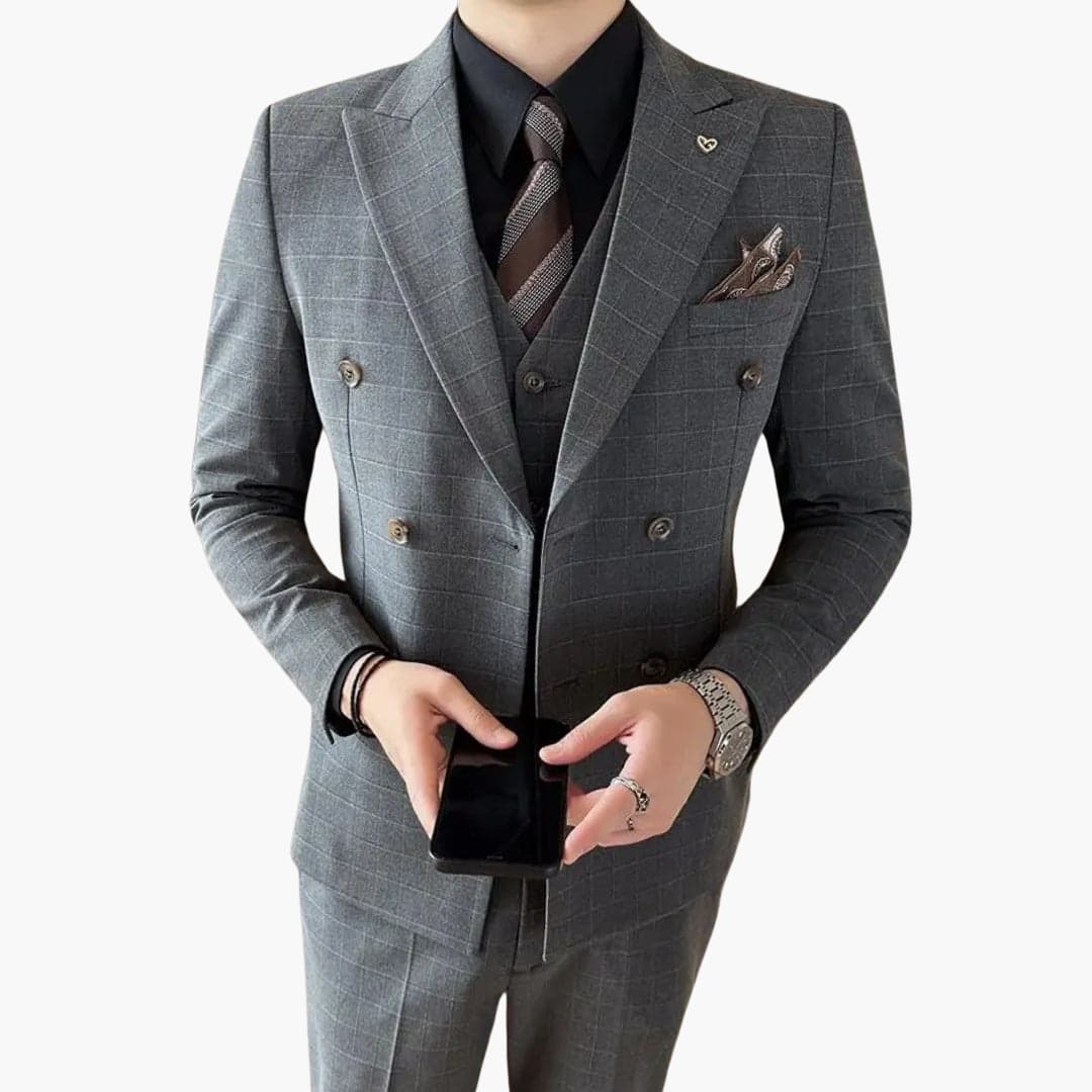 Classic Fit Checked Suit with Notch Collar