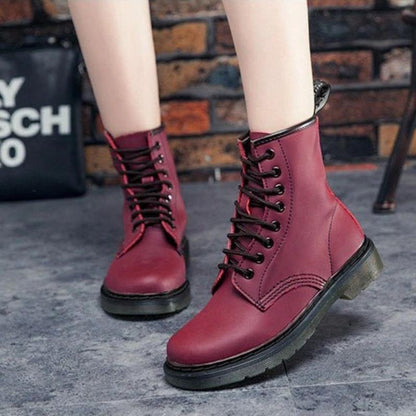 Ladies Low Heel Ankle Boots Leather Round Toe Comfort Boots - EasyApparels