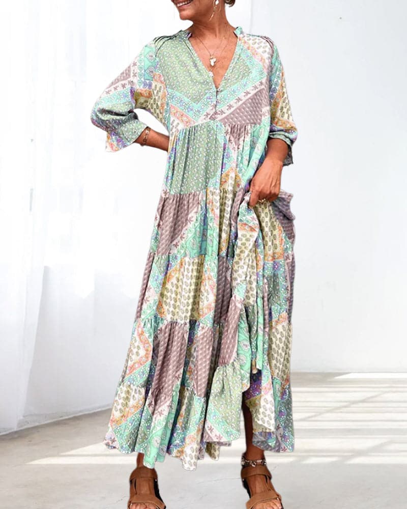 Flowy V Neck Maxi Dress with Colorful Patchwork Print