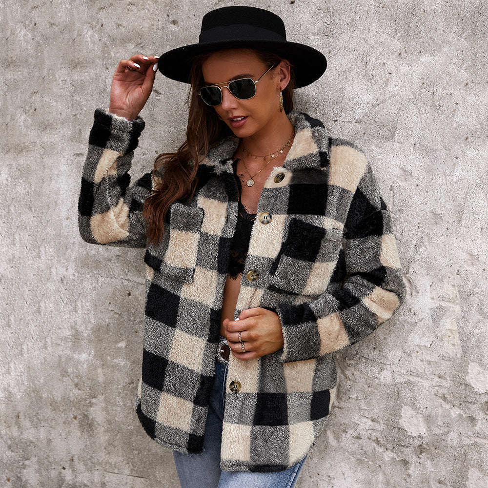 Soft Checkered Faux Fur Winter Coat