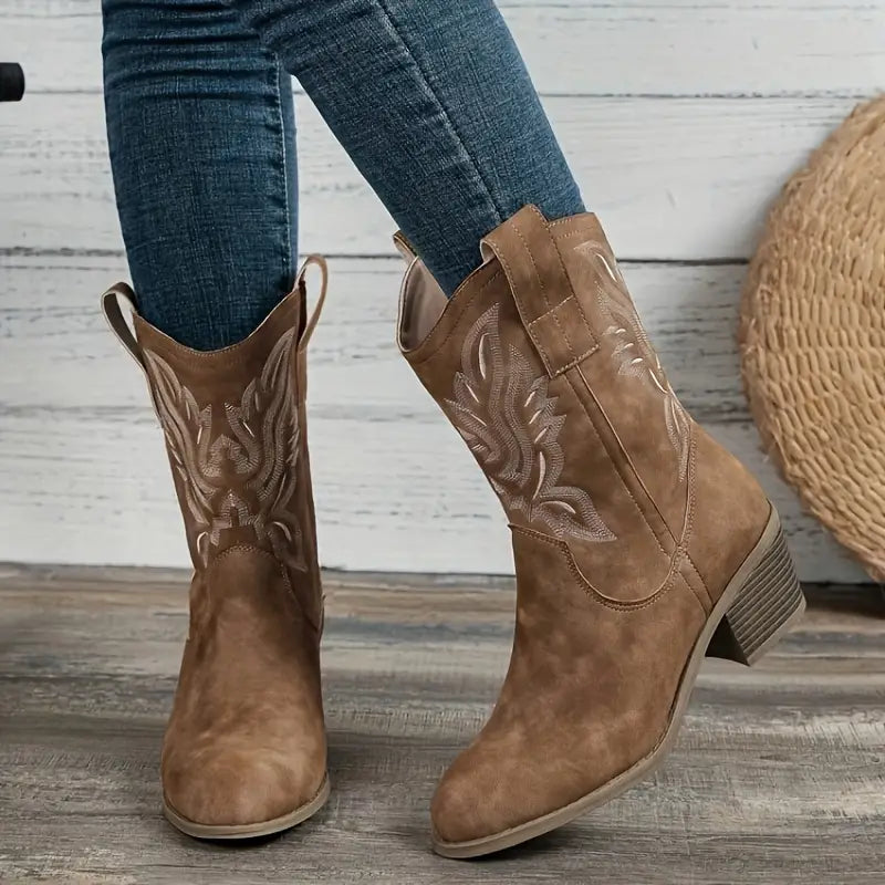 Stylish Embroidered Suede Mid Calf Boots - EasyApparels