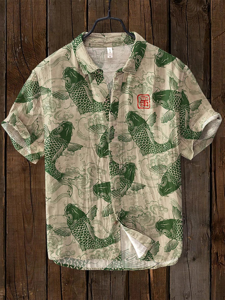Casual Linen Shirt with Fish Pattern