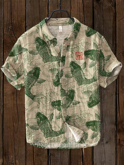 Casual Linen Shirt with Fish Pattern