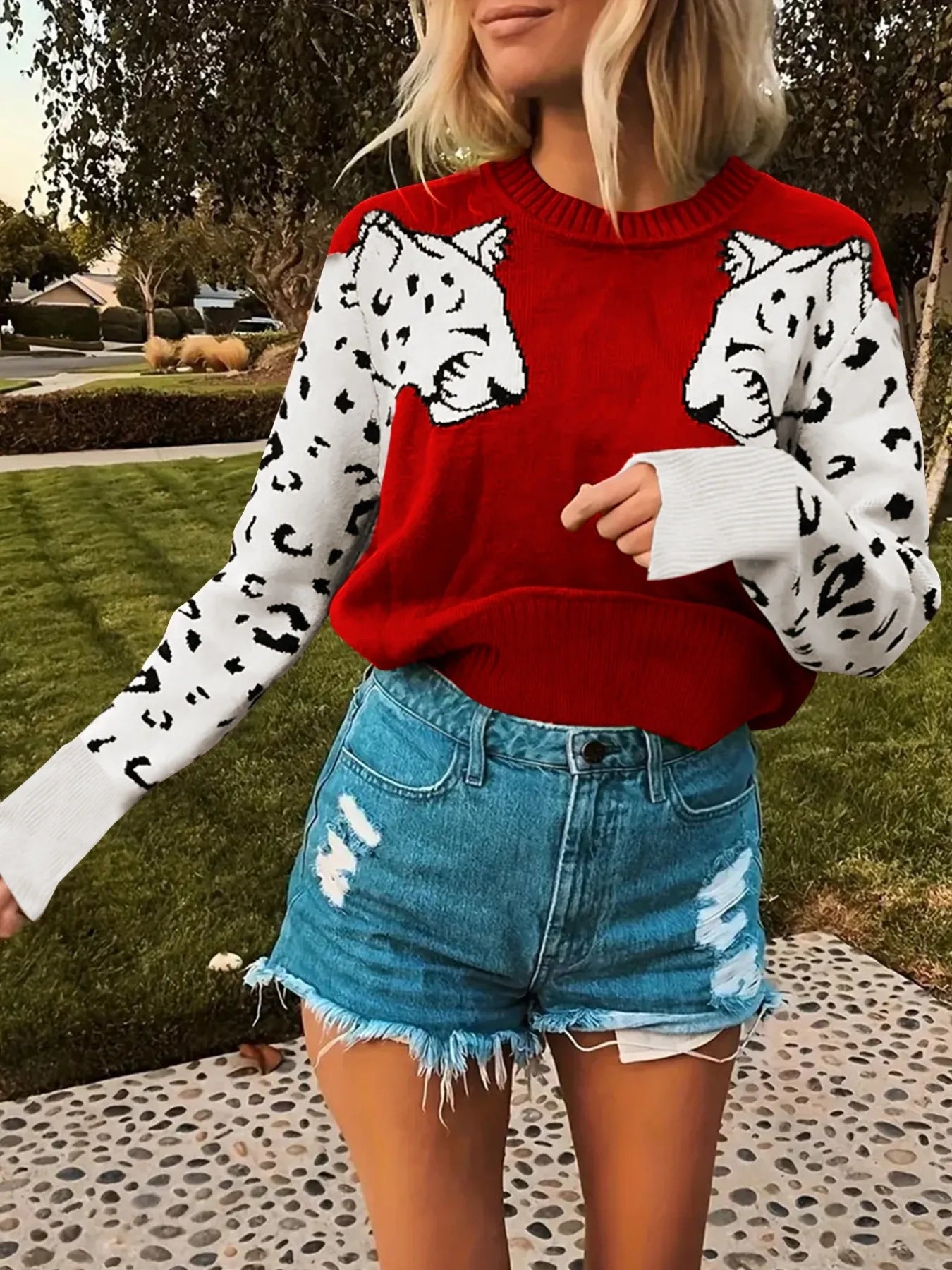 Animal Print Crew Neck Sweater - EasyApparels