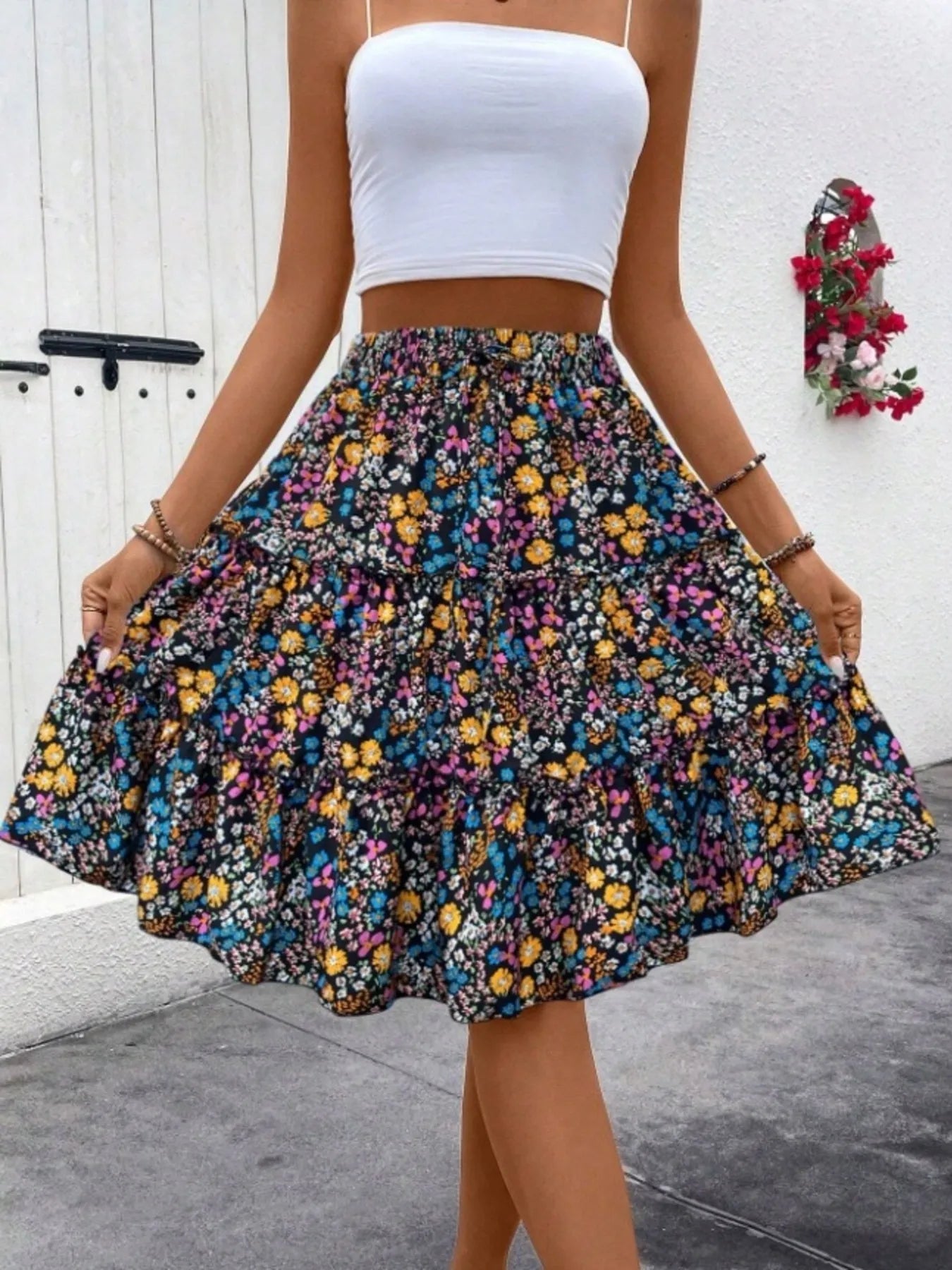 Pretty Patterned Knee Length Skirt - EasyApparels