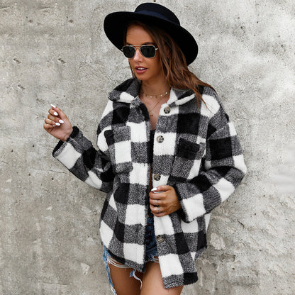 Soft Checkered Faux Fur Winter Coat