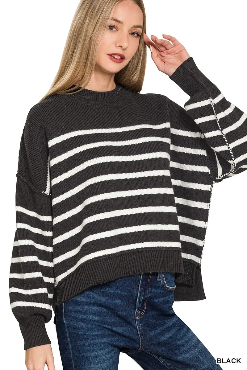 Relaxed Fit Horizontal Stripe Crew Sweater - EasyApparels