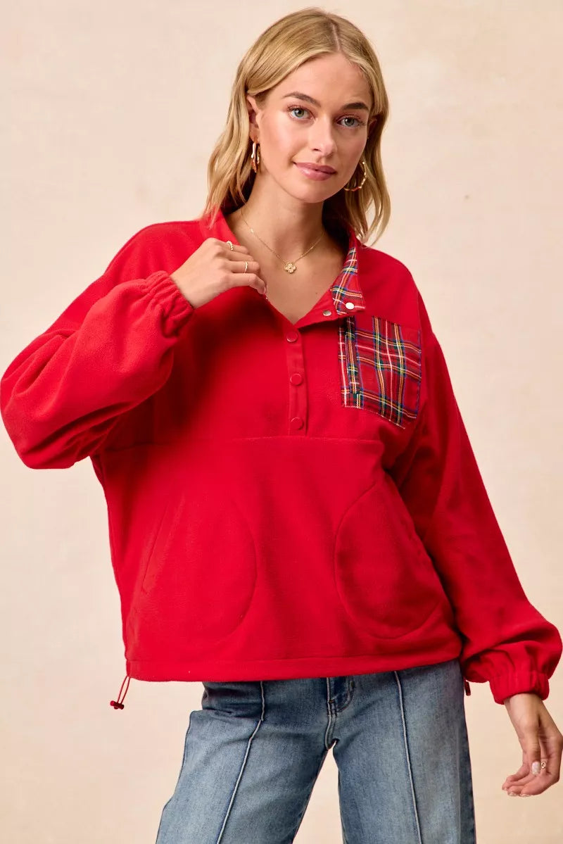 Cozy Holiday Fleece Button Front Pocket Top - EasyApparels