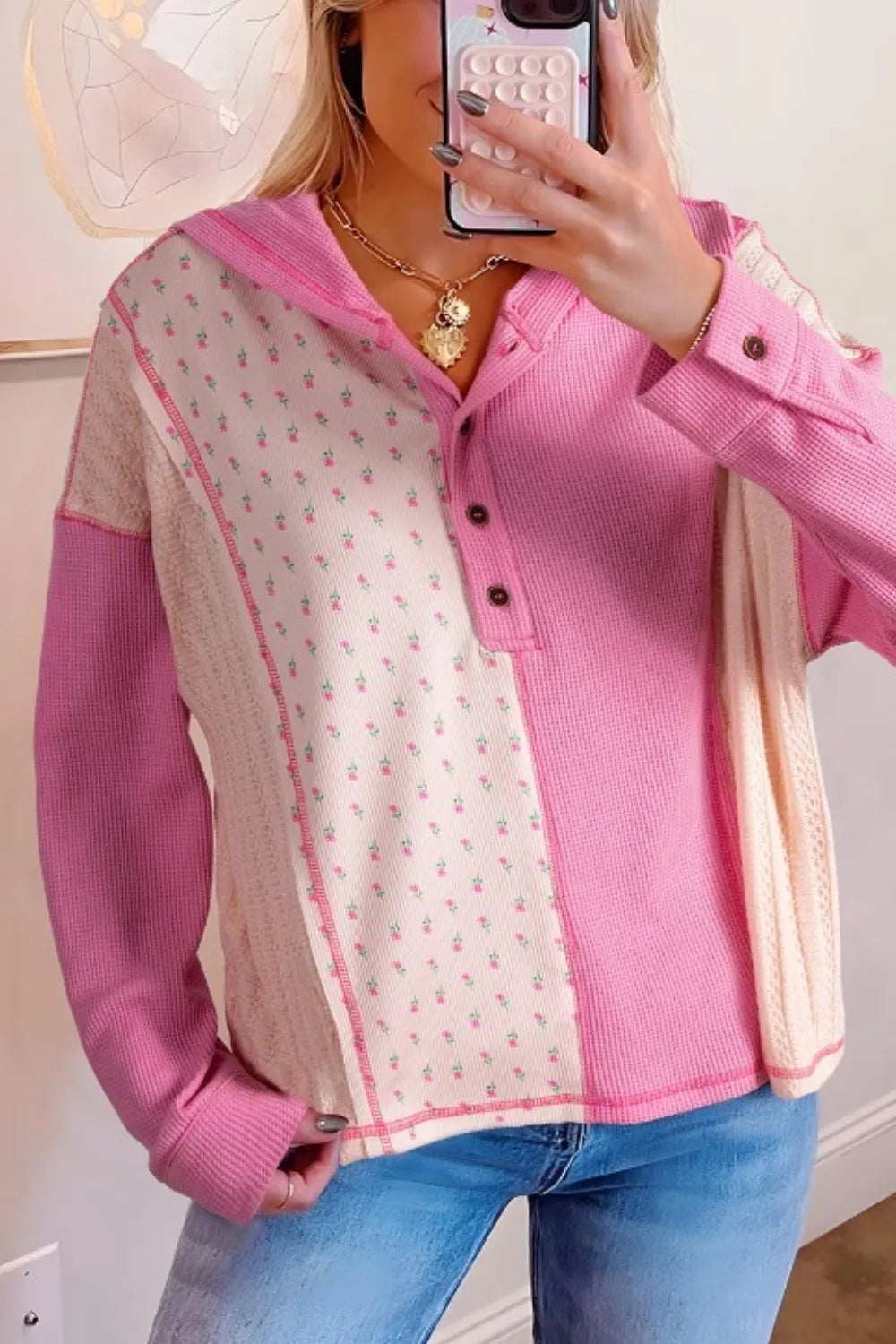 Trendy Contrast Button Front Hooded Sweatshirt - EasyApparels
