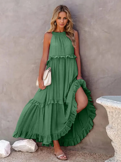 Flowy Strapless Layered Maxi Dress with Pockets