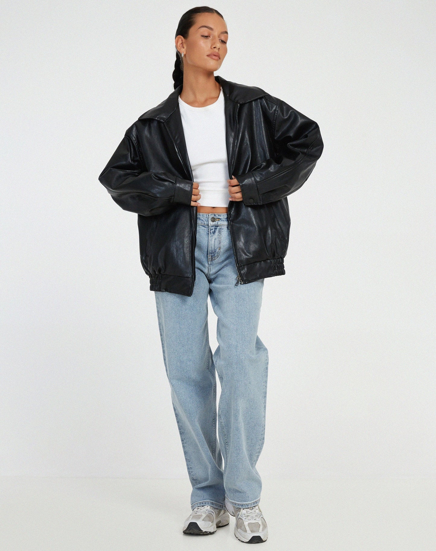Casual Women's Leather Jacket with High Collar
