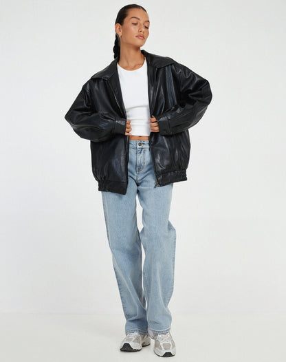 Casual Women's Leather Jacket with High Collar